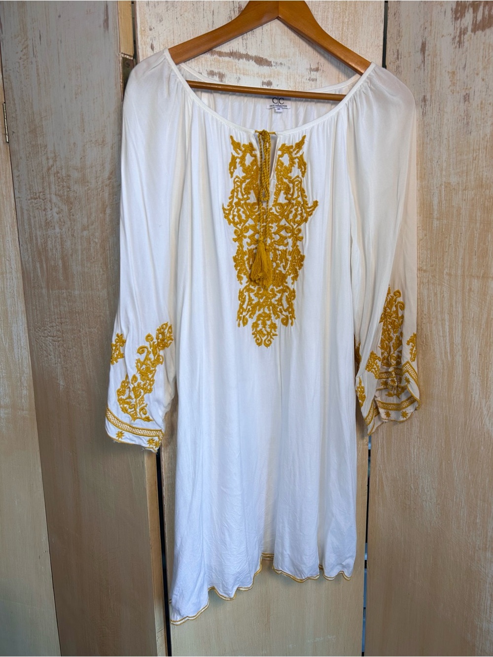 White Peasant Tunic with Mustard Embroidery